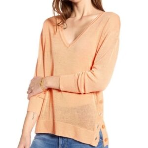 J. Crew V-neck Sweater with Side Buttons in Linen Blend Peach Size Large